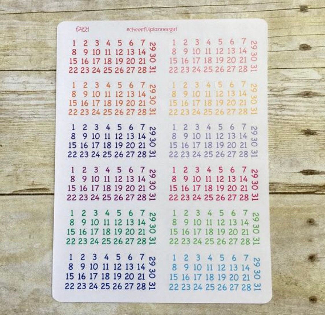 Date Dots 12 Months, Small Number Stickers, Months Stickers for Planners,  Journal stickers for planning, Dreamy Boho Multicolor (Black Font)