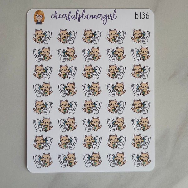 Cat Cleaning Bathroom Toilet Planner Stickers