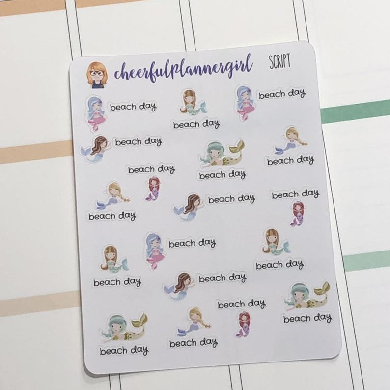 Beach Day Mermaids Script with Icons Planner Stickers