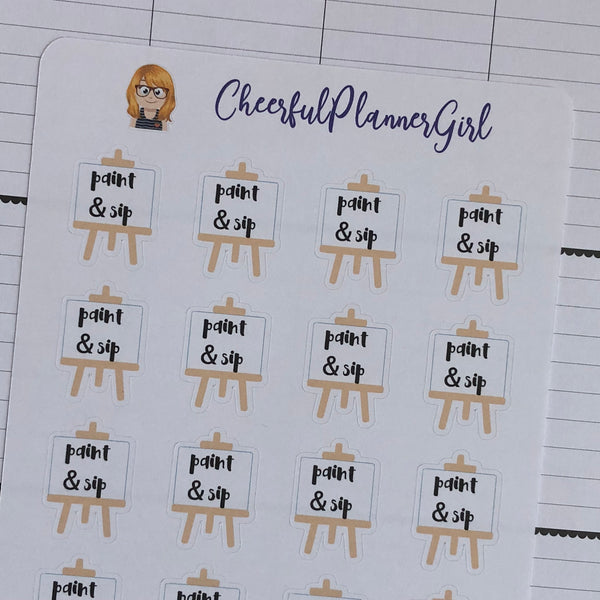 Paint and Sip Script with Easel Planner Stickers