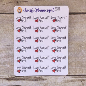 Love Yourself First Script with Hand Drawn Heart Planner Stickers
