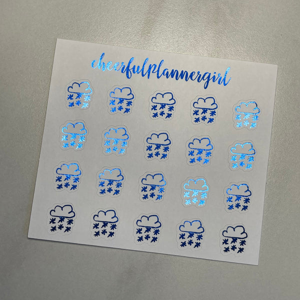 Hand Drawn Blue Foiled Weather Cloud with Snow Flakes Planner Stickers Winter