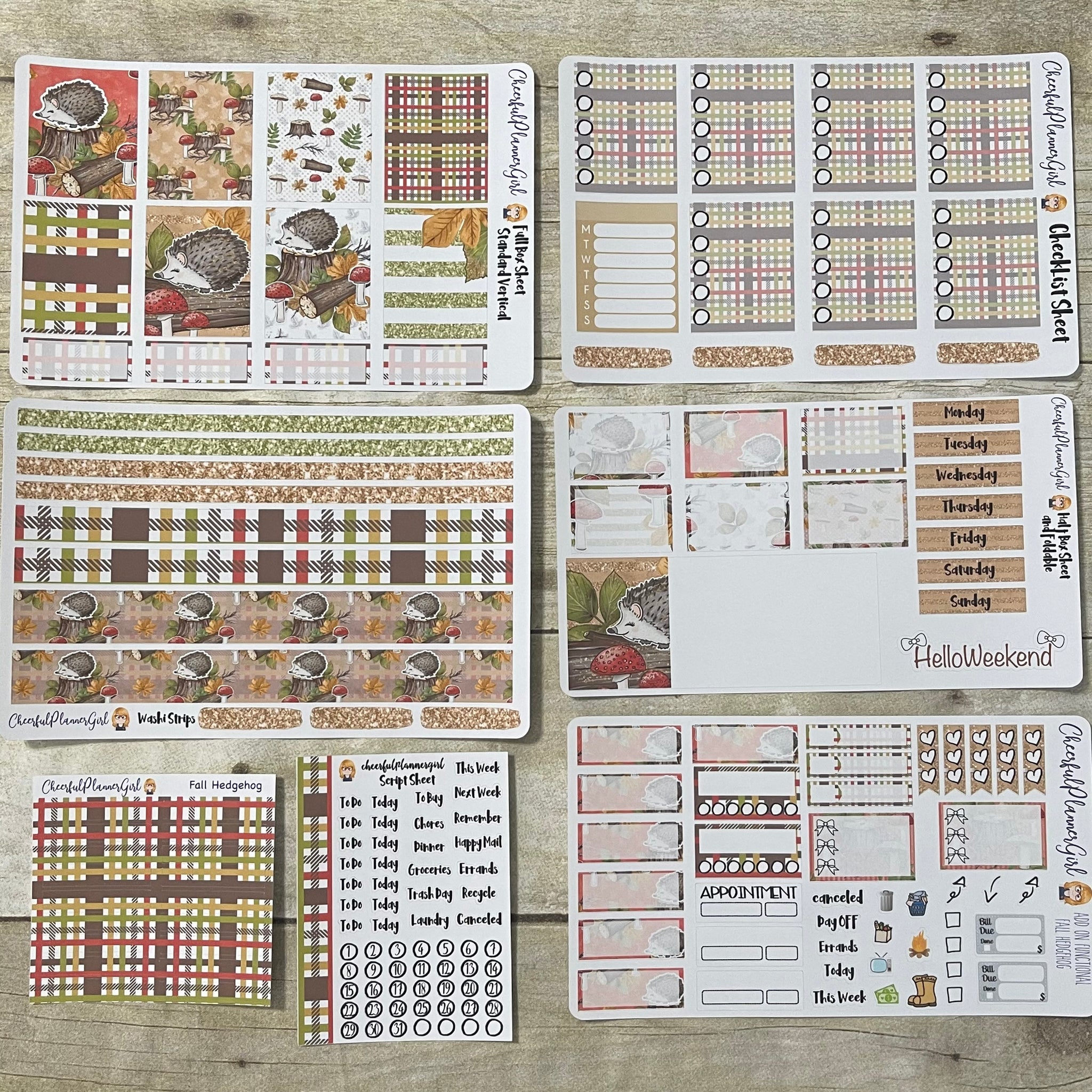 Fall Hedgehog Standard Vertical Full Kit Weekly Layout Planner Stickers Autumn Woodland