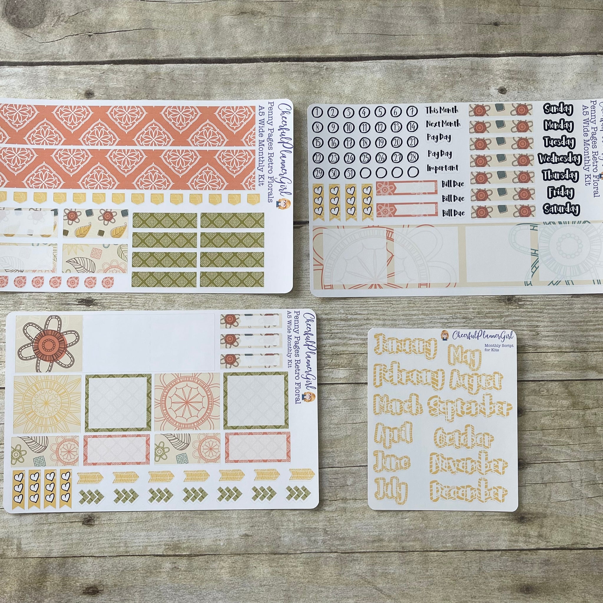 Retro Floral Monthly Layout Kit for Penny Pages A5 Wide Planners
